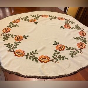 Vintage Hand Embroidered Crewel Floral Linen Round Tablecloth